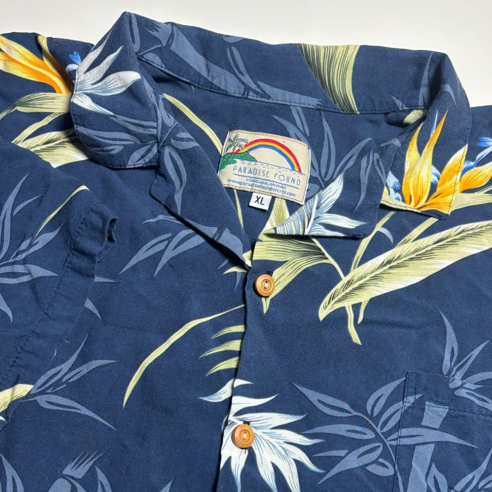 Paradise Found Hawaiian Mens Xl Navy Bird of Paradise Bamboo Aloha Cruise Shirt